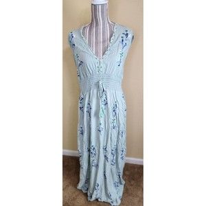 Hekka Blue Embroidered Floral‎ V-Neck Cap Sleeves Maxi X-line Dress size XXL